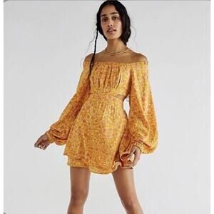Free People Jael Golden Yellow Motif Side Cutout Printed Mini Dress